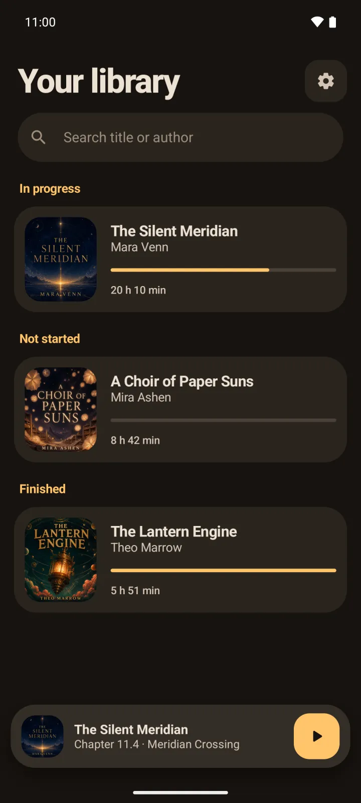 Sliver's audiobook library on an Android phone, with a search field above books grouped into sections