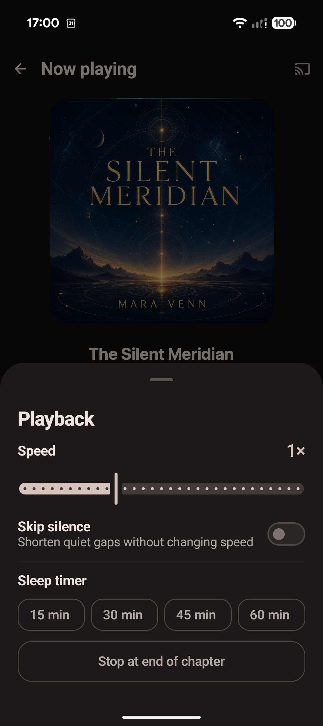 Playback speed, skip silence, and sleep-timer controls in Sliver