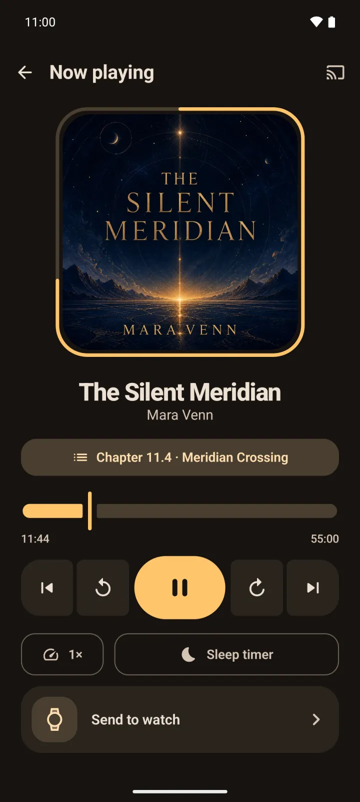 Sliver's Now Playing screen on an Android phone, with cover art, chapter progress, and playback controls