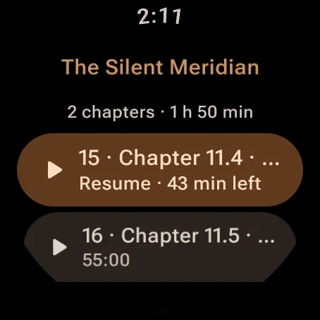 A book's chapter list on Wear OS, with the last played chapter ready to resume