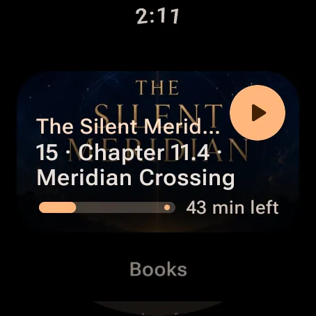 Sliver's main screen on Wear OS, with a resume card for the last chapter and the Books header below it